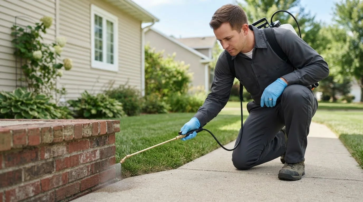 Pest control technician treating a home near North Pole, AK